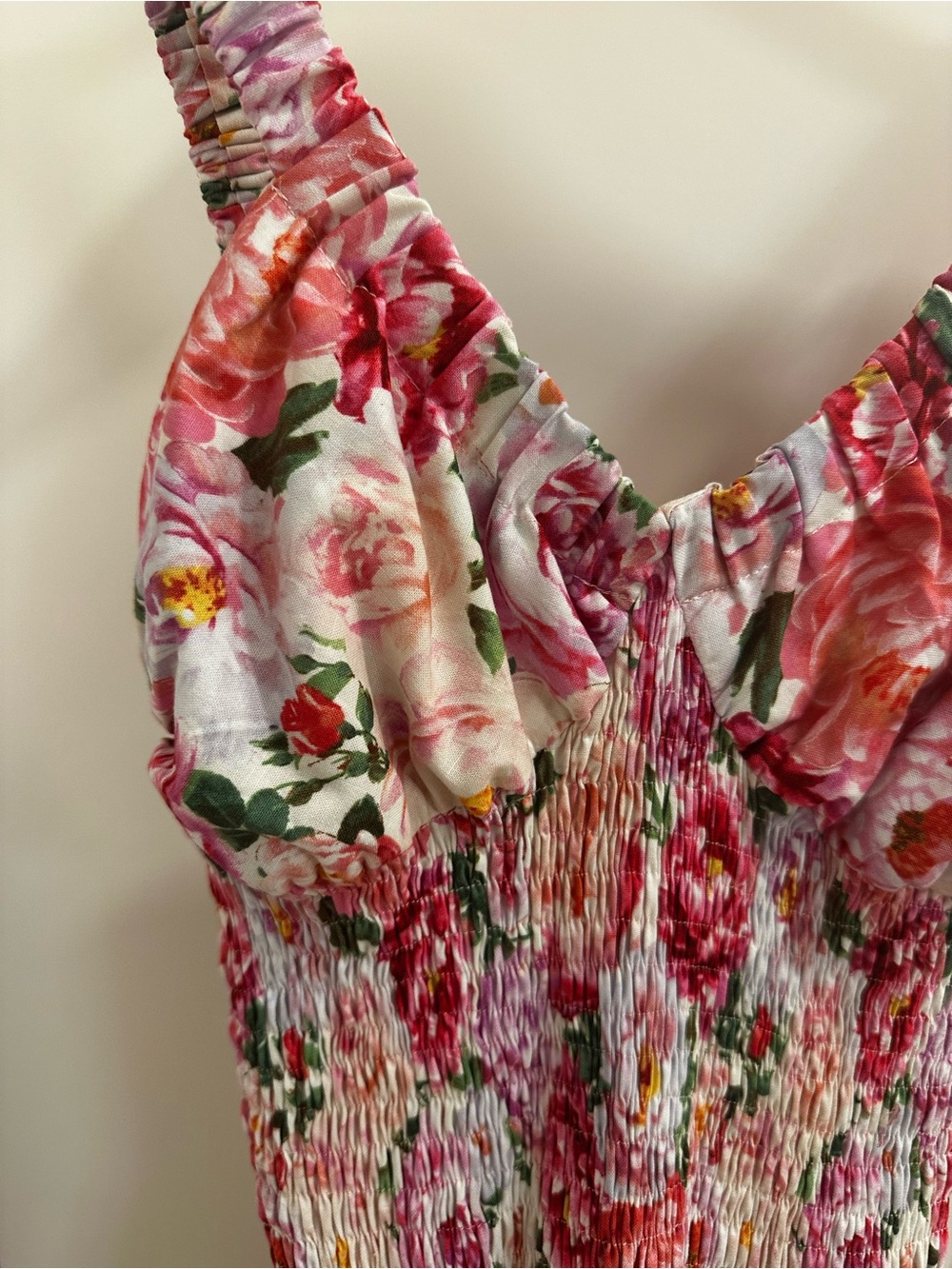 Floral Pink Smocked Mini Dress with V-Neckline - Picture 4 of 9